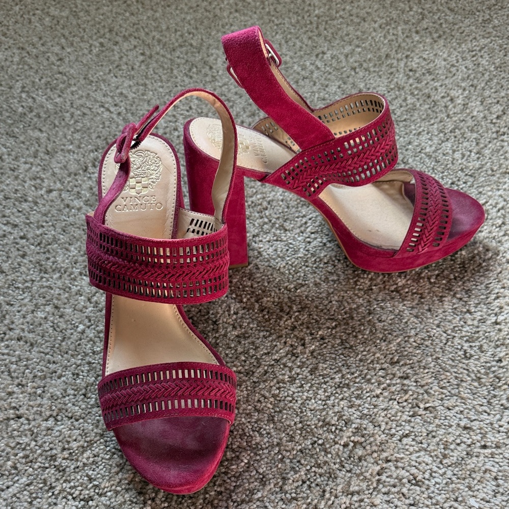 Vince Camuto Wine Suede Laser-Cut Block Heel Sandals